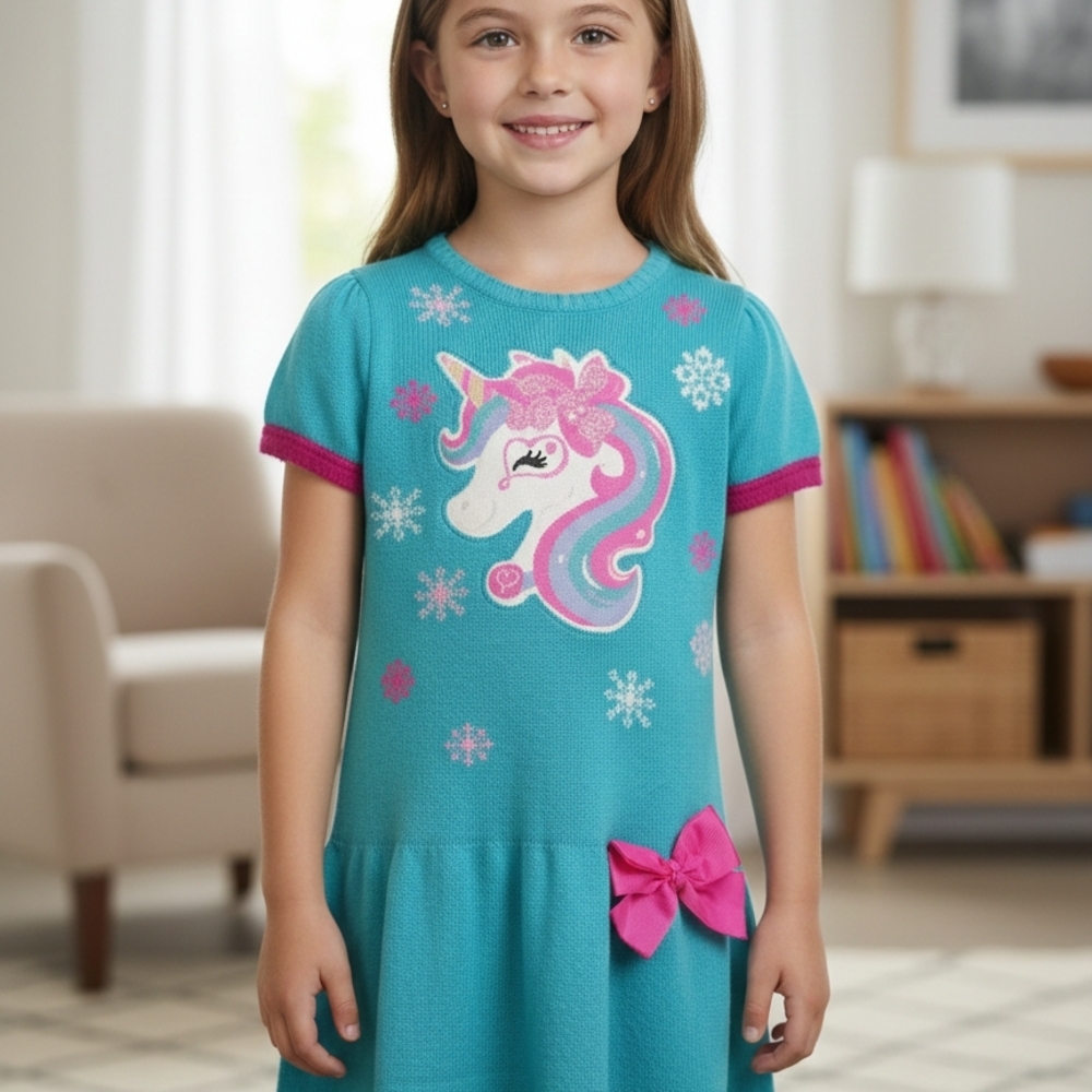 Nickelodeon Girls' Magical Unicorn Knit Short Sleeve Dress - Turquoise & Pink- M